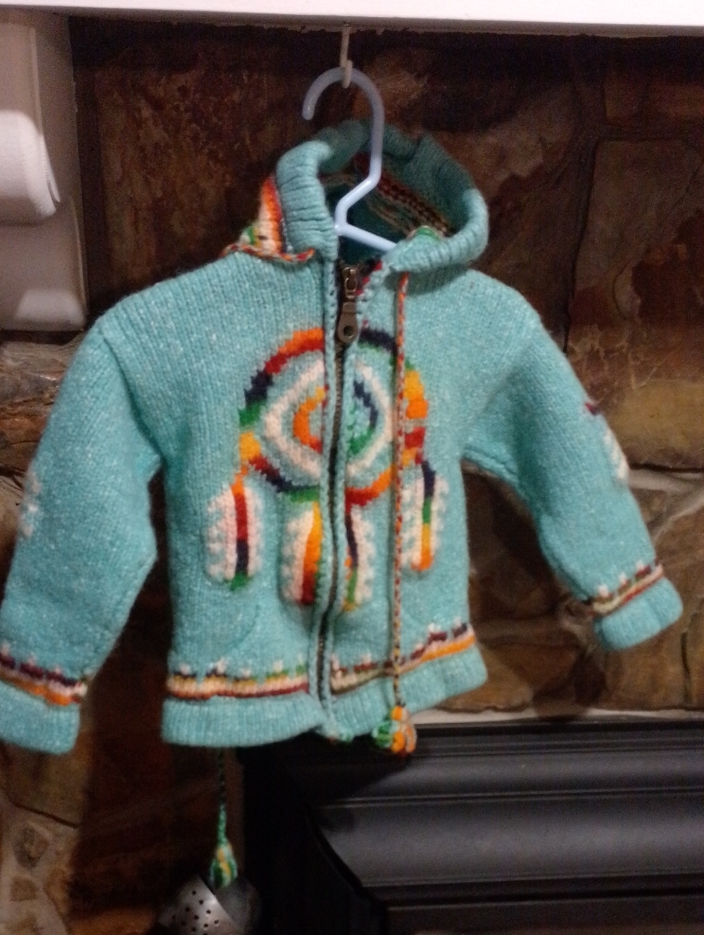 Girls' Aqua Hooded Zip Sweater with Colorful Rainbow Dreamcatcher Knit